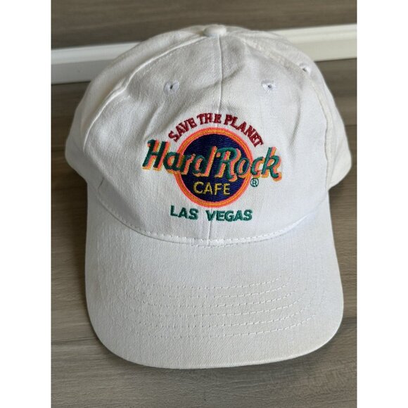 Hard Rock Cafe Hat Cap Mens White Strap Back Vintage 90s Las Vegas Made Taiwan - Picture 1 of 9